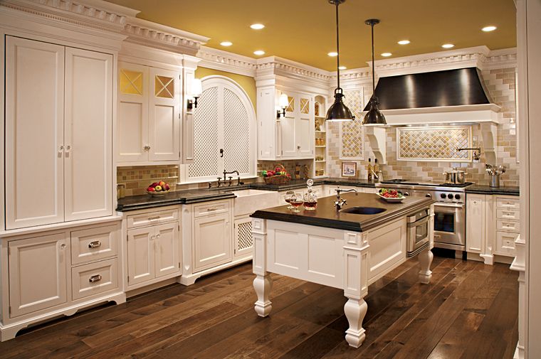 Kitchen with custom cabinets and island. 